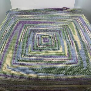 Scalloped Edge Handmade Square Crochet Blanket Blue, Cream, Lavender, Green